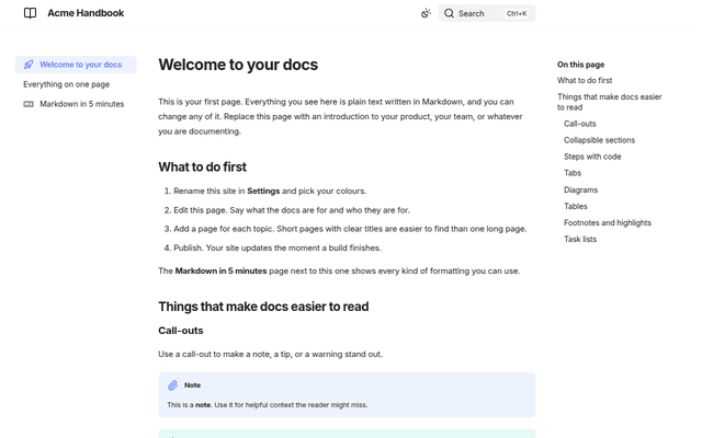 The Zero theme in its light scheme, on a published Docszero site